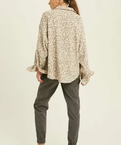 Wishlist Women's Sand/Grey Combo Corduroy Leopard Button Down Shirt