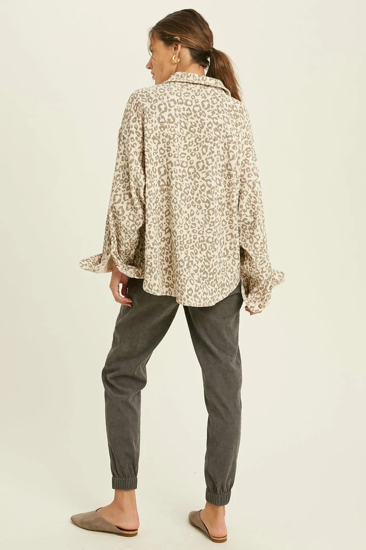 Wishlist Women's Sand/Grey Combo Corduroy Leopard Button Down Shirt 2 Wishlist Women's Sand/Grey Combo Corduroy Leopard Button Down Shirt