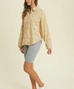 Wishlist Tops Women's Taupe Combo Plaid Corduroy Shacket With Pocket