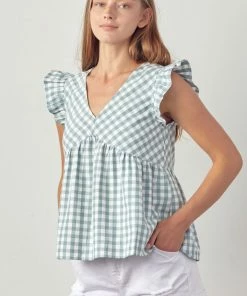 &Merci Women's Dusty Turquoise Gingham Print Ruffle Sleeve