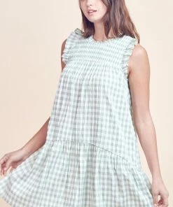 &Merci Women's Sage Gingham Ruffle Sleeve Dress