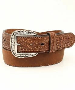 M & F Ariat Men's Classic Floral Tabs Belt, Medium Brown Belts