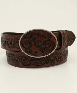 M & F Belts Women's Ariat Western Leather Oval Floral Tooled Buckle Belt