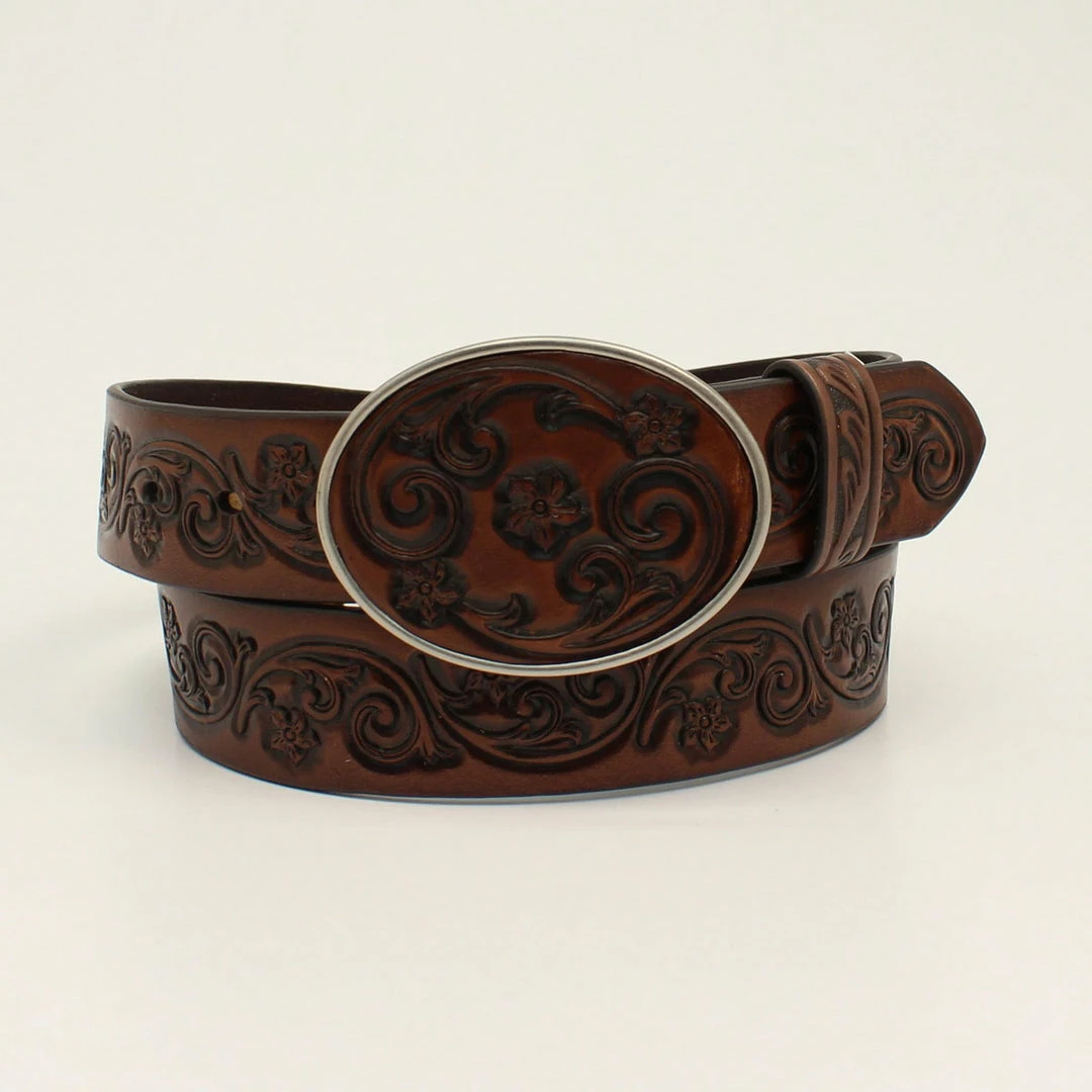 M & F Belts Women's Ariat Western Leather Oval Floral Tooled Buckle Belt 1 M & F Belts Women's Ariat Western Leather Oval Floral Tooled Buckle Belt