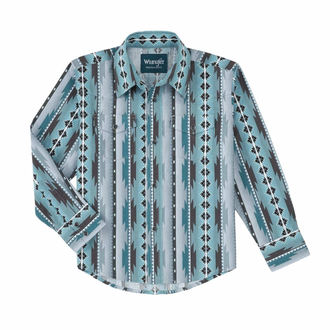 Boys Wrangler Teal Aztec Long Sleeve Button Down Shirt 1 Boys Wrangler Teal Aztec Long Sleeve Button Down Shirt