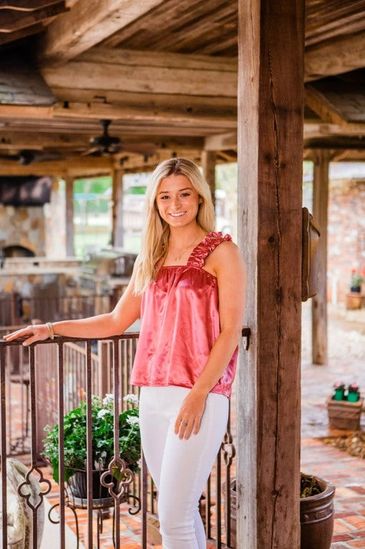 Glam Tops Women's Rose Pink Ruffle Strap Top 1 Glam Tops Women's Rose Pink Ruffle Strap Top