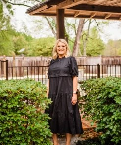 THML Women's Black Tiered Midi Dress Dresses