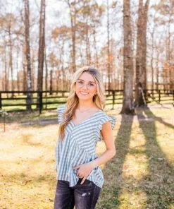 &Merci Women's Dusty Turquoise Gingham Print Ruffle Sleeve