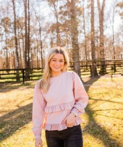 Strut & Bolt Women's Pale Pink Poplin Ruffle Knit Long Sleeve Tops