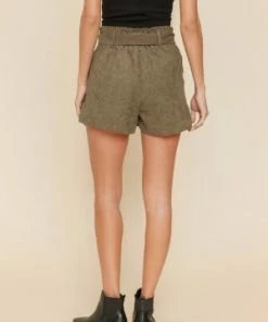 Hem & Thread Women's Olive Paperbag Belted Shorts