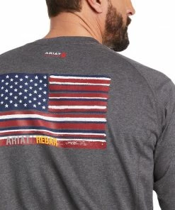 Men's Ariat FR Air Brand Flag Heather Grey Graphic Long Sleeve Shirt Fire Resistant Tees