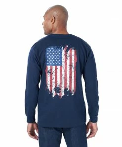 Men's Wrangler FR Flame Resistant Distressed Flag Navy Long Sleeve Shirt Fire Resistant Tees