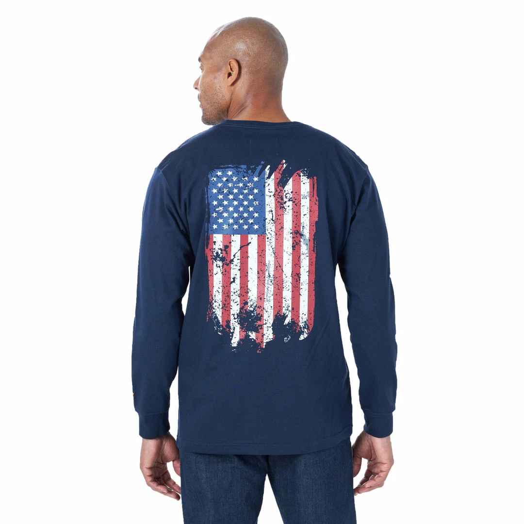 Men's Wrangler FR Flame Resistant Distressed Flag Navy Long Sleeve Shirt Fire Resistant Tees 1 Men's Wrangler FR Flame Resistant Distressed Flag Navy Long Sleeve Shirt Fire Resistant Tees