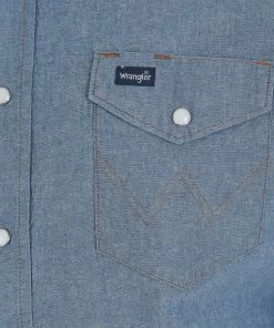 Work Shirts Men's Wrangler Cowboy Cut Firm Finish Denim Long Sleeve Solid Western Snap Work Shirt