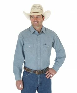 Work Shirts Men's Wrangler Cowboy Cut Firm Finish Denim Long Sleeve Solid Western Snap Work Shirt