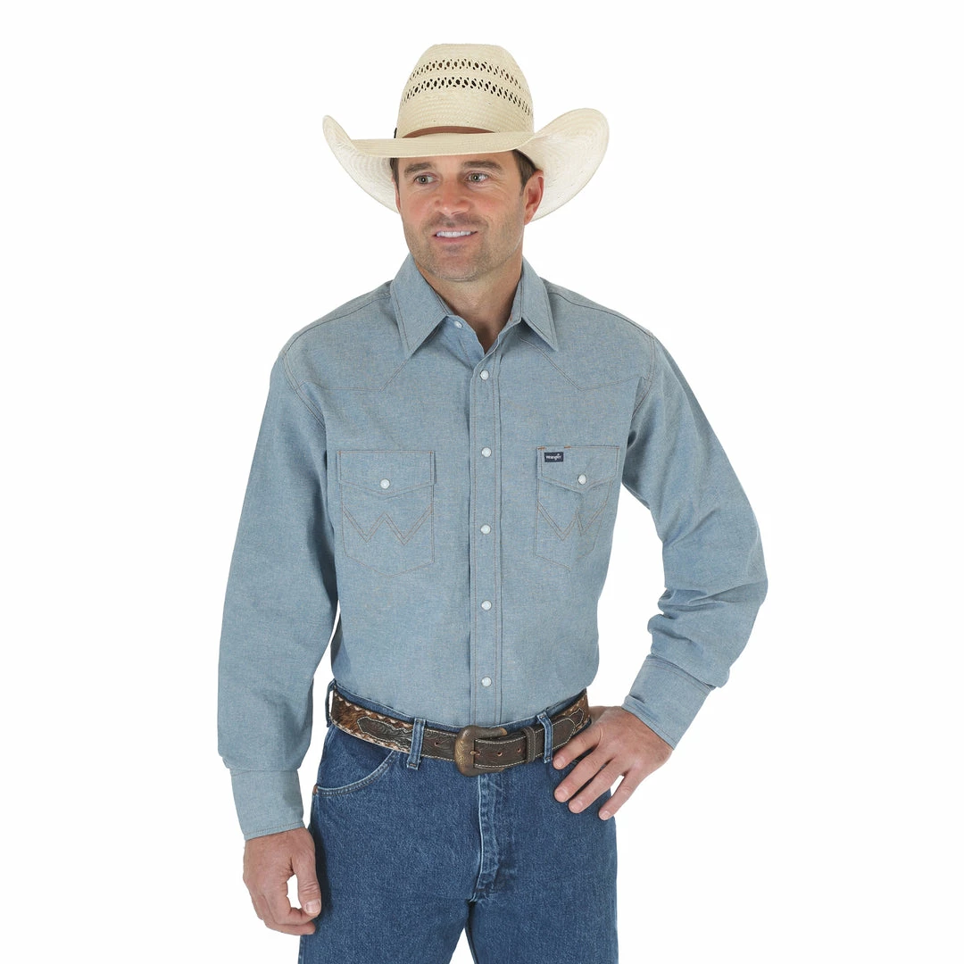 Work Shirts Men's Wrangler Cowboy Cut Firm Finish Denim Long Sleeve Solid Western Snap Work Shirt 1 Work Shirts Men's Wrangler Cowboy Cut Firm Finish Denim Long Sleeve Solid Western Snap Work Shirt