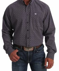 MEN'S CINCH PURPLE AND WHITE GEOMETRIC PRINT BUTTON-DOWN WESTERN SHIRT
