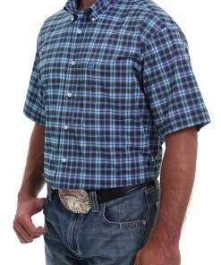 MEN'S CINCH ARENAFLEX SHORT SLEEVE BUTTON-DOWN SHIRT - BLUE, TURQUOISE AND PURPLE PLAID