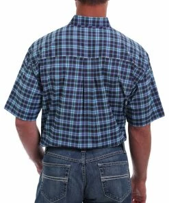 MEN'S CINCH ARENAFLEX SHORT SLEEVE BUTTON-DOWN SHIRT - BLUE, TURQUOISE AND PURPLE PLAID