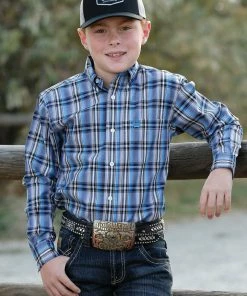 Boy's Western Shirts Boys Cinch Blue Plaid Long Sleeve Button Down Shirt