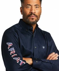 Men's Ariat Team Logo Twill Classic Navy/Star Stripe Long Sleeve Shirt Long Sleeve Shirts