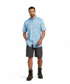 Short Sleeve Shirts Men's Ariat Rebar Made Tough VentTek Durastretch Short Sleeve Deep Water Heather Shirt