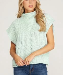 She And Sky Women's Mint Drop Shoulder Sleeveless Mock Neck Knit Sweater
