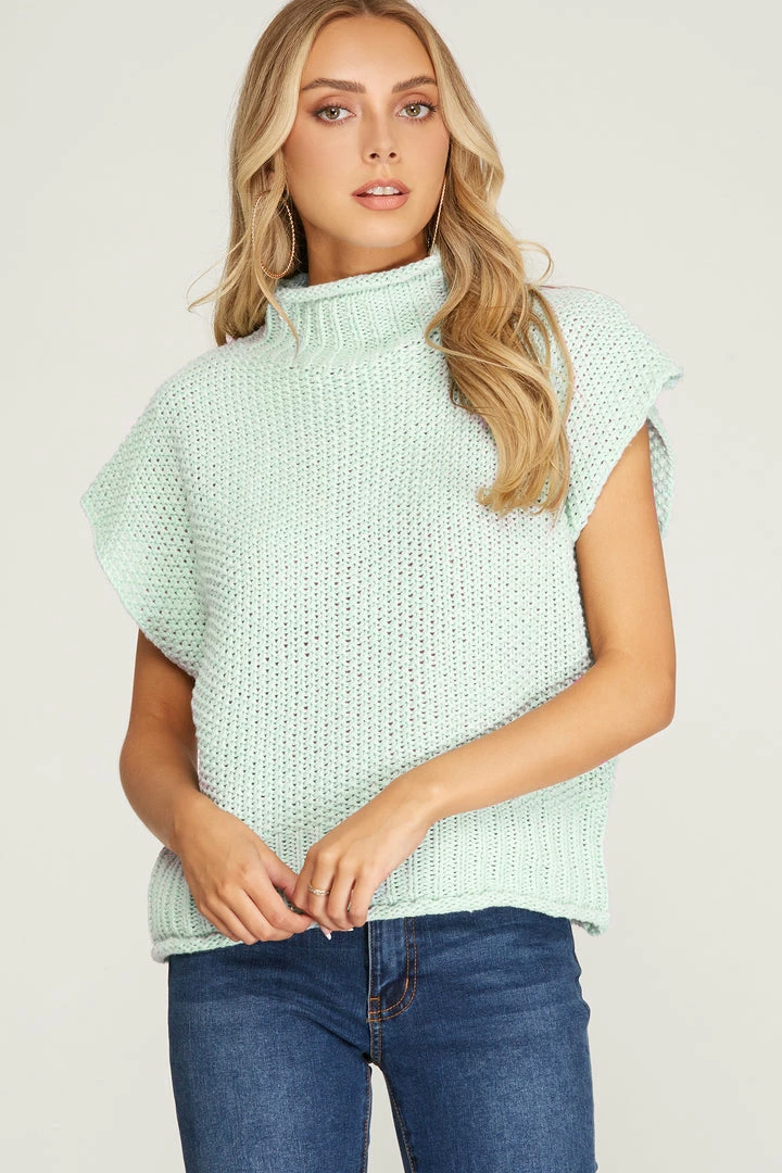 She And Sky Women's Mint Drop Shoulder Sleeveless Mock Neck Knit Sweater 2 She And Sky Women's Mint Drop Shoulder Sleeveless Mock Neck Knit Sweater