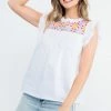 THML Women's White Embroidered Ruffle Sleeve Poplin Top