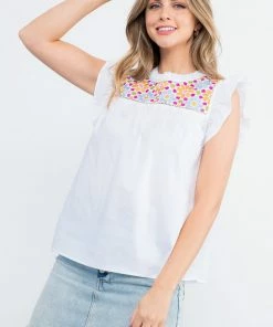 THML Women's White Embroidered Ruffle Sleeve Poplin Top