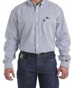 Cinch Fire Resistant Clothing Men's Lightweight Light Blue, Navy And White Stripe FR Button-Down