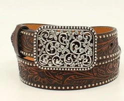 Girls M & F 1 1/4" Floral Brown Belt