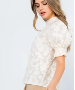 THML Tops Women's Cream Smocked Neck Textured Top