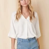 Mitto Tops Women's Ivory V Neck Pleat Detail Front Dolman Sleeve Shirt