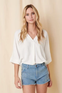 Mitto Tops Women's Ivory V Neck Pleat Detail Front Dolman Sleeve Shirt