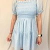 She And Sky Women's Light Blue Puff Sleeve Striped Woven Dress