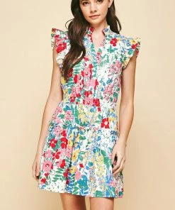 Pinch Dresses Women's White Floral Ruffle Sleeve Dress
