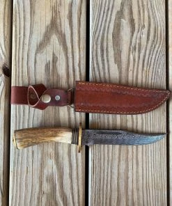 Western Fashion Knives 10 1/4" Horn Damascus Steel Knife W/Knife Sheath